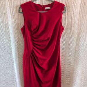 Calvin Klein Red Sleeveless Ruched Midi Sheath Dress Size 12 office Cocktail